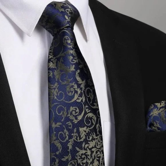 New 𝅺TIE and Pocket Square Cufflinks Set Navy Gold - Picture 3 of 6